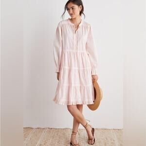 Anthro Othilia 100% Cotton Tiered Dress Knee Length Long Sleeves Pink Small New